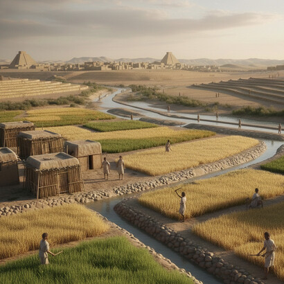 Water flows from a central stone-lined canal into secondary channels, sustaining orderly wheat and barley fields