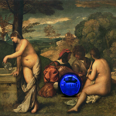 Jeff Koons, Gazing Ball (Titian Pastoral Concert), 2016, Oil on canvas, glass and aluminum , 60 x 74 x 14 3/4 inches, 152.4 x 188 x 37.5 cm ©Jeff Koons. Photo by Fredrik Nilsen. Courtesy Gagosian.