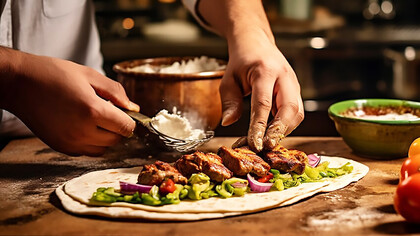A chef preparing a wrap with vegatables and meat