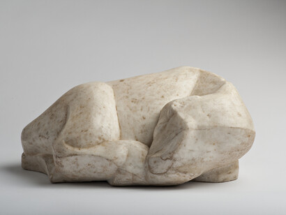 Gertrude Hermes, Calf, c1925, Carrara marble, 16 x 36 x 25 cm. Photo credit Alex Ramsay© The Gertrude Hermes Estate
