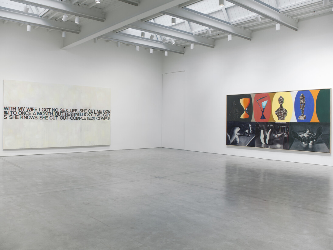 Installation view, Left: Richard Prince, I’m Lucky, 2001-02, acrylic on canvas, 112 x 200 inches, 284.5 x 508 cm, signed with date and title (on the reverse). Right: David Salle, Fooling with your Hair, 1985, oil on canvas, 88 1/2 x 180 1/4 inches, 224.8 x 457.8 cm