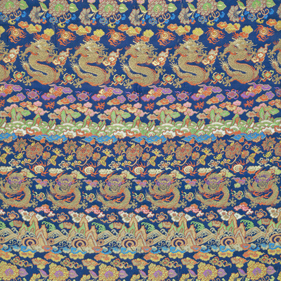  *Nishiki*. Dragons accompagnés de nuages, fleurs stylisées, rochers et vagues. Soie, fond satin ; lamelles de papier doré et filés d’or. Début à milieu époque d’Edo (peut-être chinois), XVIIe –début XVIIIe siècle CB-TJ-1927-1 © Copyright Fondation Baur, Genève 