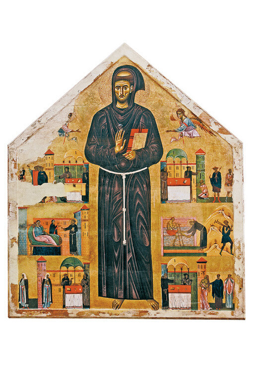 Giunta di Capitino, (Pisa, fine del XII secolo - doc. ancora nel 1265), San Francesco fra due angeli e sei miracoli, 1230-1235, Tavola, Pisa, Museo Nazionale di San Matteo