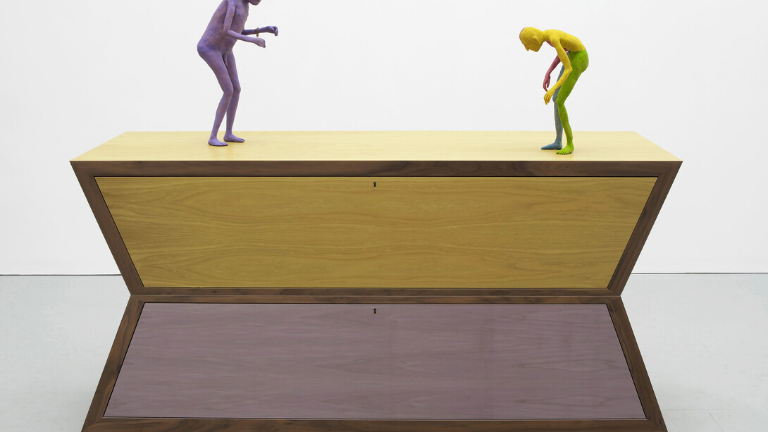 Francis Upritchard. Echo Cabinet, 2011, Veneer and Italian oak, brass fittings, modelling material, wire, paint, 99.5 x 190 x 65 cm.