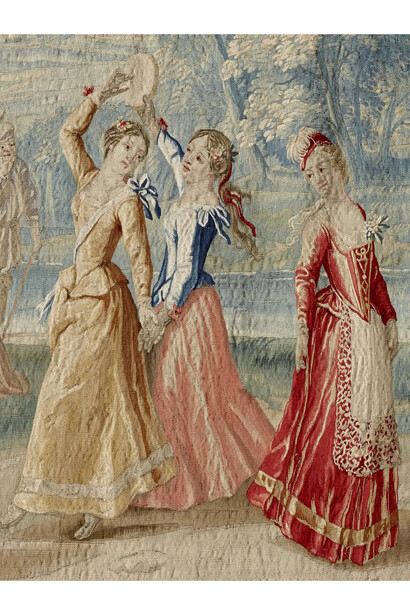 Workshop of Peter van den Hecke (Flemish, 1680−1752) after Philippe de Hondt (Flemish, 1683−1741), Arrival of the Shepherdesses at the Wedding of Camacho (detail), 1730−45 (before 1748)
Wool and silk, 10 feet 3 inches x 18 feet 3 inches
The Frick Collection, New York (1965.10.20). Photo: Michael Bodycomb