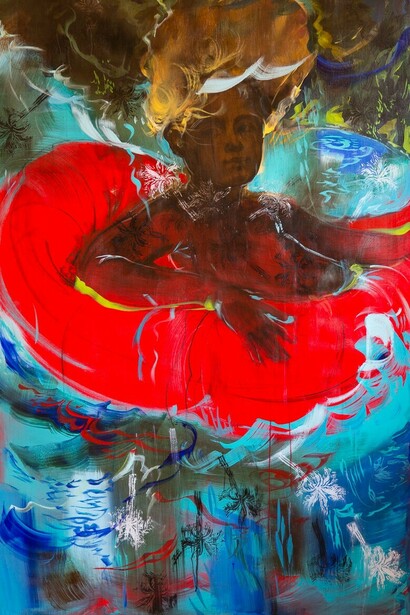 Scherezade García, "Las Terrenas I," 2015 (detail). 72" x 48". Acrylic, pigments, charcoal, collage and ink on canvas
