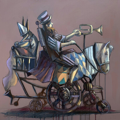 Il cocchiere del sogno, 60 x 60 cm, olio, matita e acrilico su tela, 2019