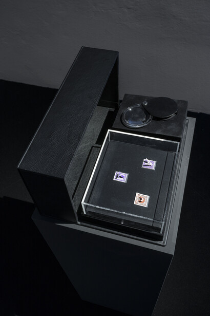 Vuelos endémicos II (4) / Endemic flights II (4) 
2016, Installation, Three hand cut stamps: one old stamp United States Postage 1942, one old stamp Third Reich 1938, one recreation of the Basel Dove Stamp 2016, methacrylate, wood, magnifying glass, leather and velvet box, 18 x 33.7 x 9.3 cm (closed). Courtesy Galleria Continua, San Gimignano / Beijing / Les Moulins / Habana
Ph Ela Bialkowska, OKNO studio