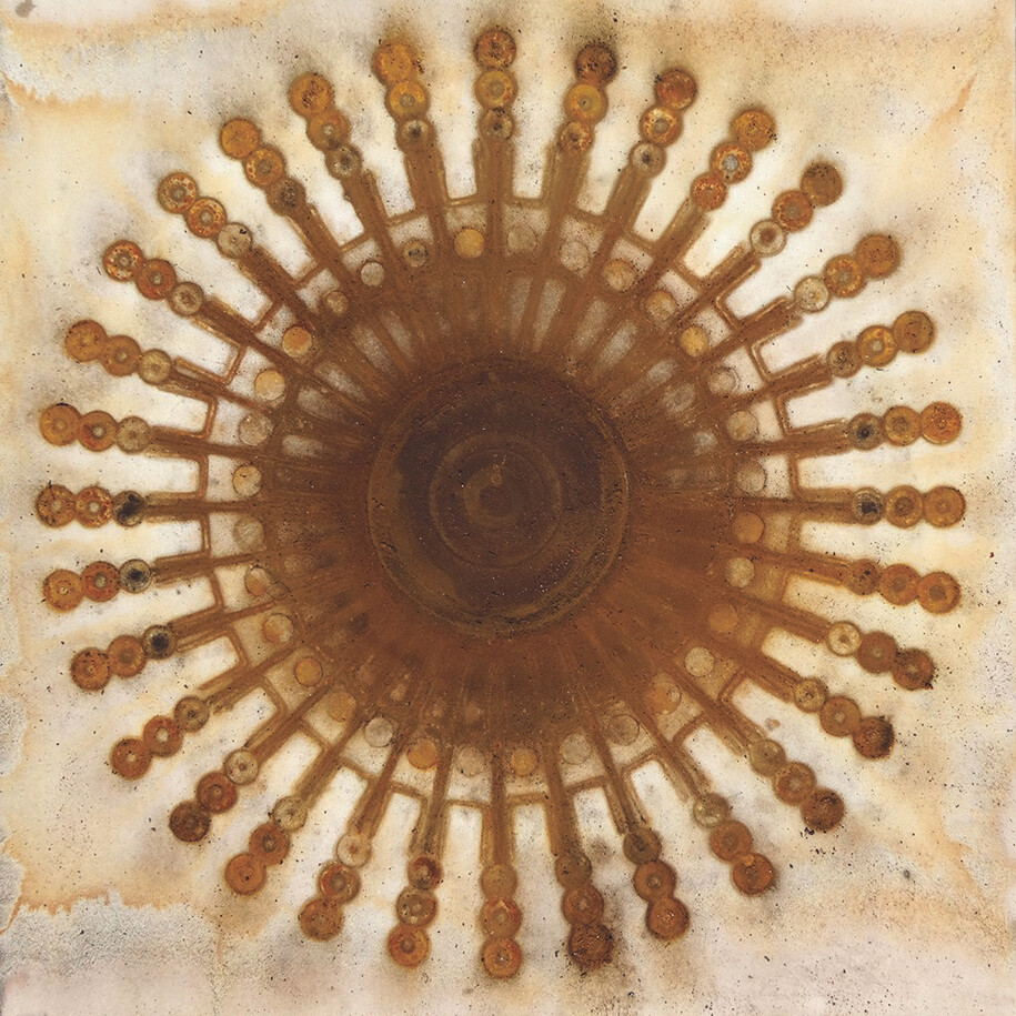 Jeffrey Allen Price, Sound Wave Mandala, 2014, rust on cloth on board, 24 x 24 inches