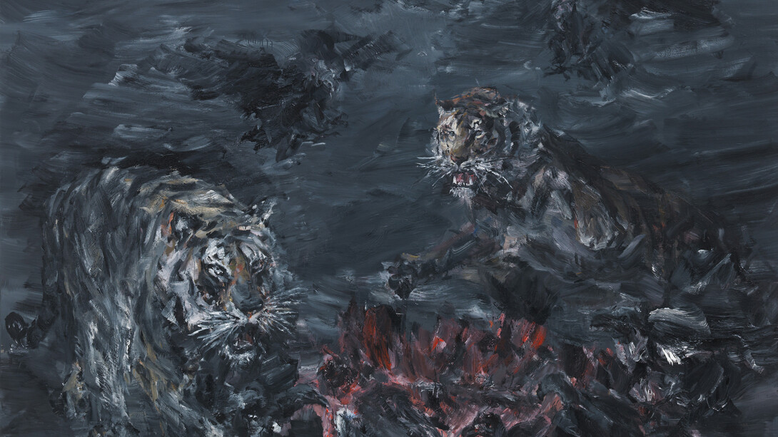 Yan Pei-Ming, Tigres et vautours, 2015, Oil on canvas, 250 x 300 cm (98,43 x 118,11 in), Courtesy Yan Pei-Ming / Galerie Thaddaeus Ropac, Paris/Salzburg, Photo: André Morin © Bildrecht, Wien, 2015