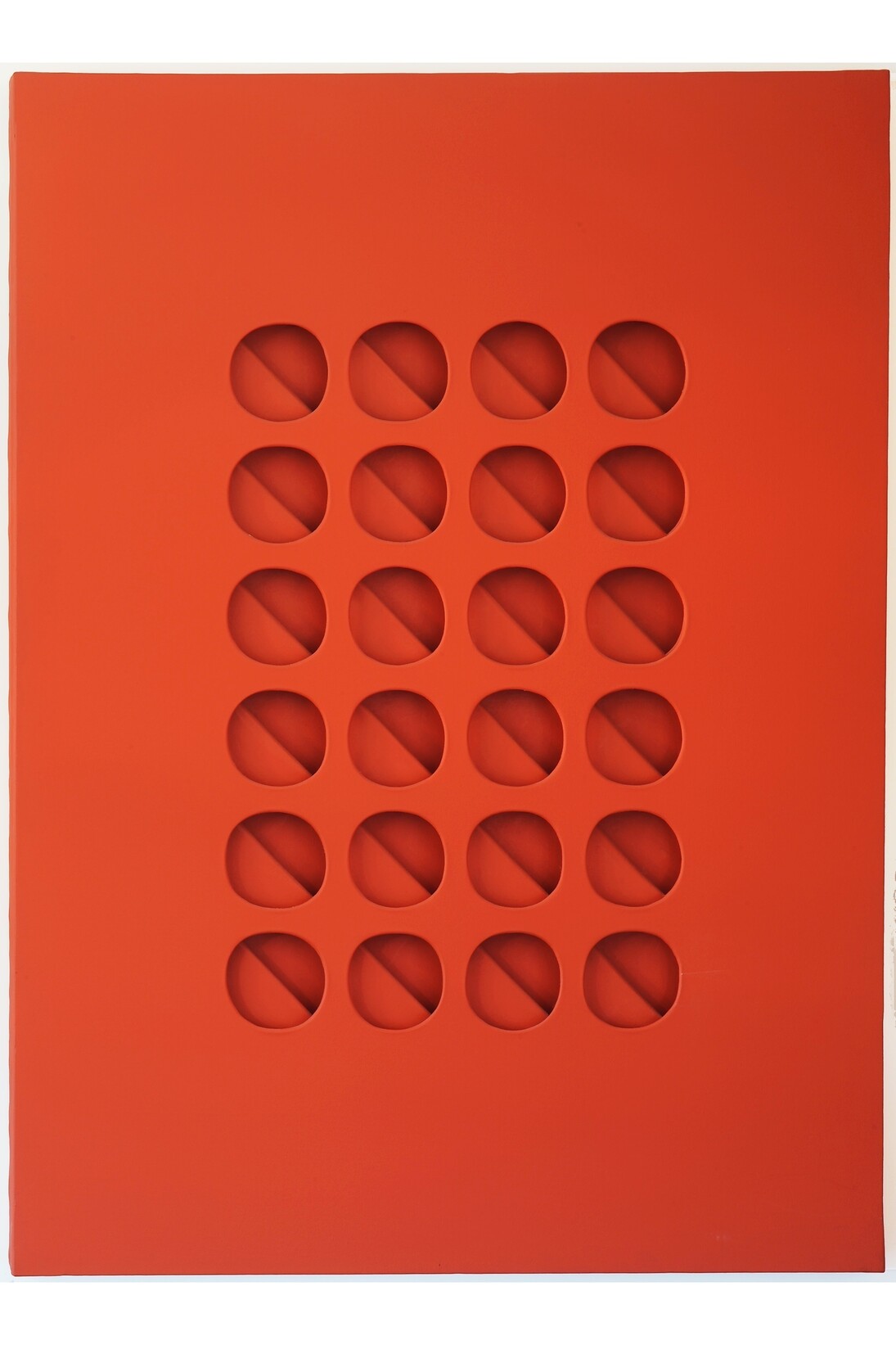 Paolo Scheggi, Intersuperficie curva dal rosso, 1965, acrylic on three superimposed canvases, 140 x 105 x 6 cm