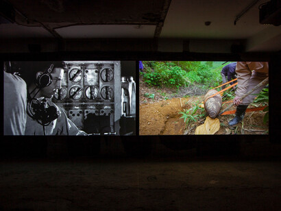 Tuan Andrew Nguyen, The sound of cannons, familiar like sad refrains, 2021, exhibition view. Courtesy of James Cohan Gallery