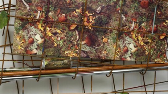 Jack Lavender, Dreams Chunky 2, 2013, Metal, magnets, fake leaves, metal pole, wooden pole, poster, incense stick, mop handle, pen knife, energy drink can, glass bottle, table cloth, fake plant, paper. 145 x 156x32 cm, 57.1 x 61.4 x 12.6 ins, AP-LAVEJ-00072