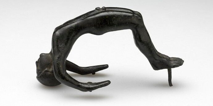 Unknown artist, Etruscan, Acrobat (probably the handle of a cista lid), 4th century BCE-3rd century BCE
Bronze, 8.3 x 3.5 cm (3 1/4 x 1 3/8 inches), Gift of Mrs. Celia Robinson Stillwell 85.107.1