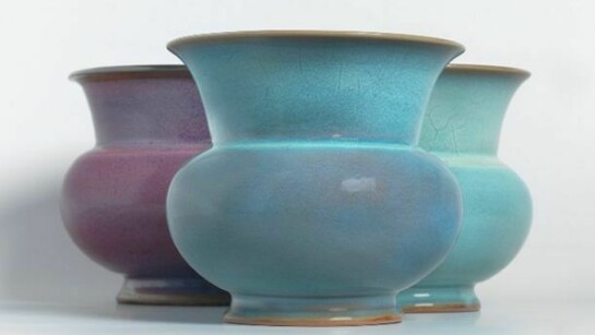 Group of Glazed Stoneware Flowerpots, zhadou (cats. 16, 15 and 11), Ming dynasty, 15th century, Jun kilns, Henan province, Diameter of rims: 20 cm; height of each: 19 cm, 18.5 cm and 17.4 cm