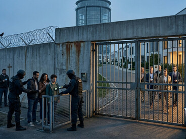 A visual exploration of the “state of exception,” in which the promise of absolute security supplants democratic rights, creating a permanent regime of surveillance and exclusion