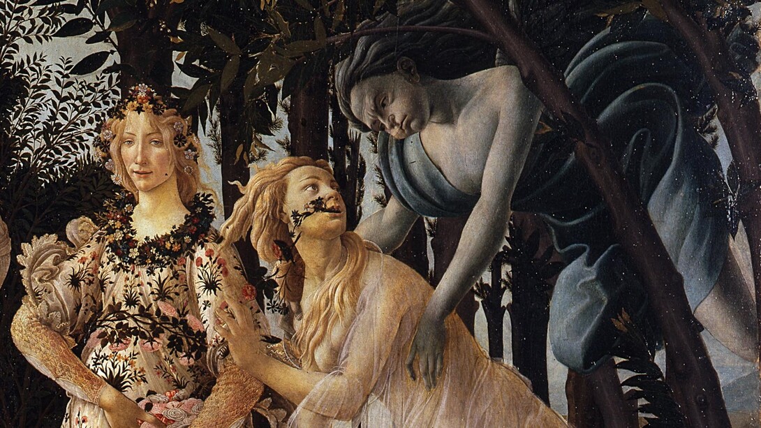 Sandro Botticelli, "Primavera", dettaglio: Flora, la ninfa Clori e Zefiro, 1482, Uffizi, Firenze, Italia