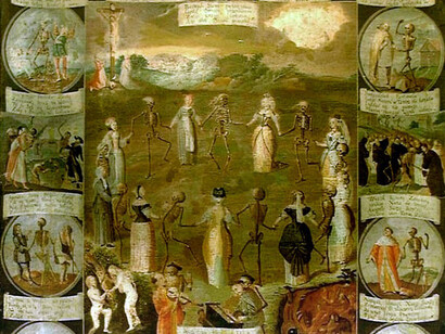 Se representa todo el ciclo de la salvación, desde la Caída, pasando por la crucifixión, hasta el Cielo y el Infierno- Pintura alemana de la danza de la muerte. siglo XVIII. Una economía de la salvación