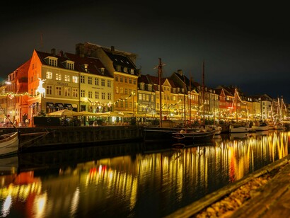 Nyhavn at night with beautiful lights for Christmas, Copenhagen, Denmark