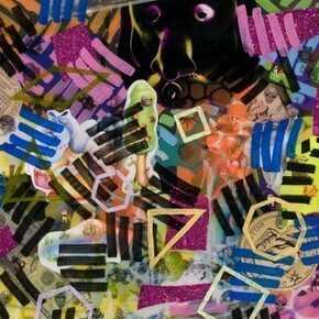 John Walter, Hot Corners, Digital print, resin, temporary tattoos, acrylic, vinyl, paint pen and collage on canvas, 61 x 76cm, 2013