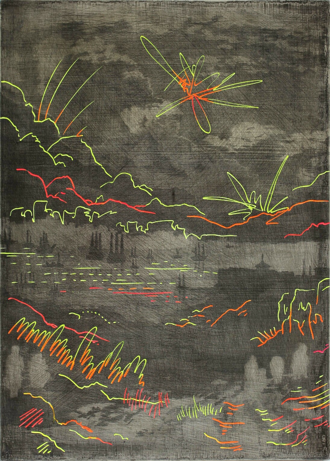 Chris Agnew, Forced projection II, 2015, etching and oil paint on icon panel, 52 x 37 cm