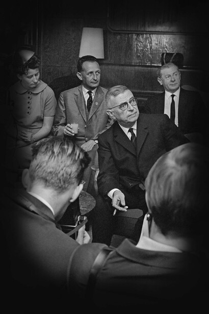 Jean-Paul Sartre (1905-1980), Philosoph, Romancier und Schriftsteller. Aufnahme um 1965