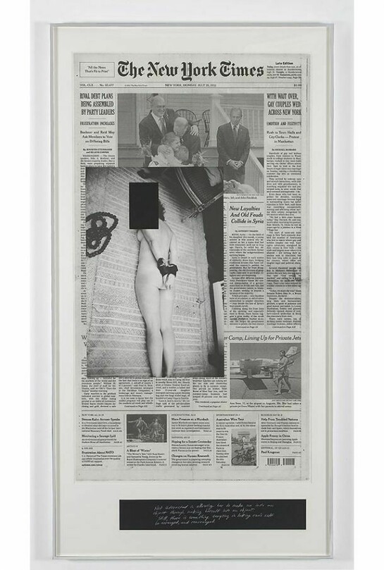 Leigh Ledare, An Invitation: Monday, July 25, 2011, 2012, Photolithograph on archival newsprint, silkscreen and pencil, 91 1/4 by 47 3/4 in. 231.8 by 121.3 cm