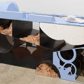 Holly Hendry, 'You Are What You Eat', 2020. Steel,
glass, plaster, terracotta, sand, paint, motor and
silicone, 101 x 195 x 70cm (39 3/4 x 76 3/4 x 27
1/2in). Copyright Holly Hendry. Courtesy the artist
and Stephen Friedman Gallery, London. Photo by
Mark Blower