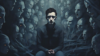 An individual grappling with alienation amid the backdrop of societal, ecological, economic, and political uncertainties