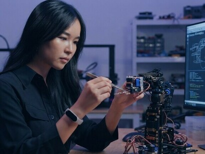 Uma cientista trabalha com uma mão robótica avançada em um laboratório de tecnologia