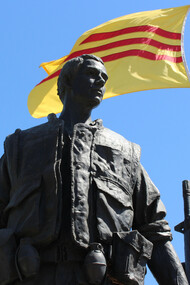 The Vietnam War Monument in Westminster’s Sid Goldstein Freedom Park is a memorial honoring the soldiers who fought and died in the Vietnam War. The yellow flag with three red stripes is a symbol of a lost homeland and resistance