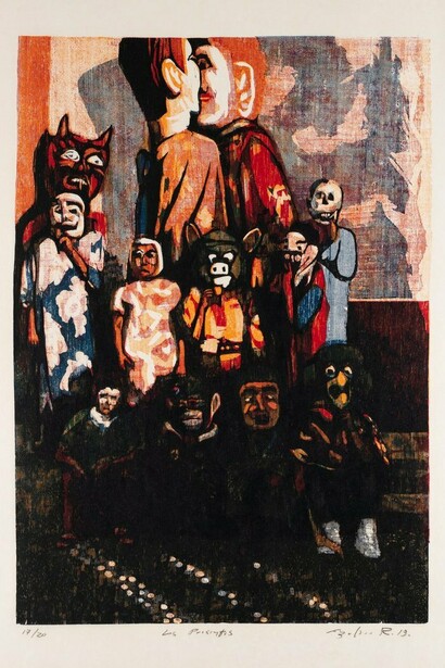 Adrián Arguedas Ruano,
Los Presentes, 2019,
Color Woodblock Print,
24 x 16.7 inches,
Edition of 20. Courtesy of the artist and Craig Krull Gallery