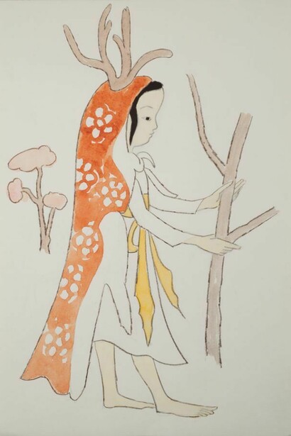 Liu Jude (b. 1946, Shangdu, Inner Mongolia), Jaizi Saves the Deer, 1984, Ink and gouache on paper, 15 1/8 x 10 5/8 inches