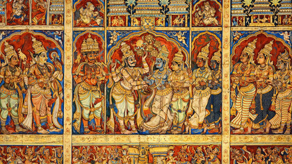 The bottom tier depicts gods seated on their respective vahanas, while the upper tier features a band of musicians playing instruments, Virupaksha Temple, Hampi, India