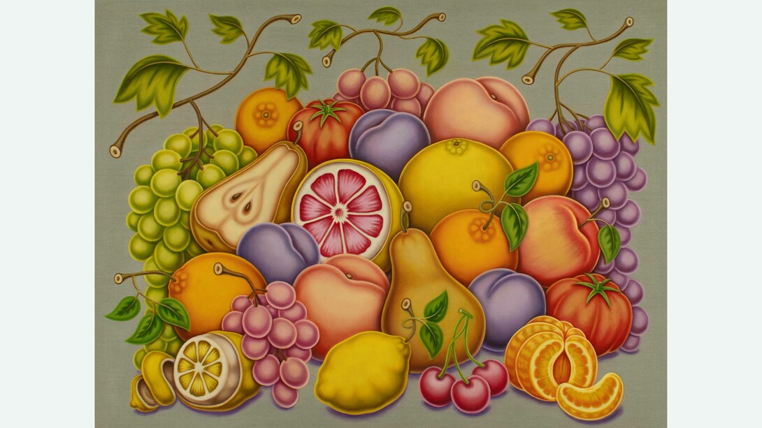Pedro Pedro, Pile of Fruit with Grapes, Tomatoes, a Peeled Lemon and Orange. Courtesy of the artist, Art for Change and Phillips