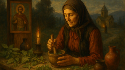 A Georgian village healer prepares herbal remedies by candlelight, blending faith, ritual, and natural medicine in the shadow of the Caucasus mountains