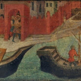 Compartiment d’une prédelle : navire et ville, Italie, seconde moitié du XVe siècle, Tempera sur bois, H.27cm ; L.38, 5 cm, Florence, Museo Stibbert. Inv. 16212 © Museo Stibbert, Firenze