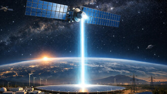 A futuristic space-based solar power satellite transmits continuous clean energy from orbit to a ground receiving station on Earth