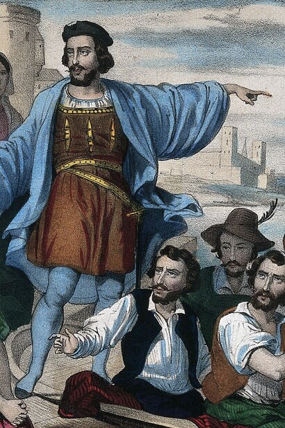 Grabado histórico en el que se muestra a Cristóbal Colón saliendo del puerto español, iniciando su primera expedición