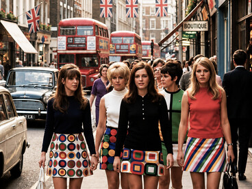 Fashionable young women embracing the Mod movement in 1960s London, wearing sleek shift dresses, statement boots, and vibrant geometric designs that reflected the spirit of a new generatio