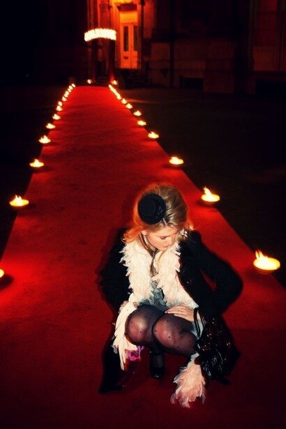 Candlelit red carpet entry, Burlesque Party
