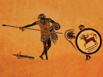 Greek vase depicting a young soldier undergoing archery training at Olympia, Greece