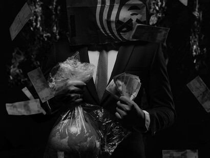A depiction of corruption in the form of a man in a suit wearing a Starbucks bag over his head carrying money in one hand and in the other the globe in a plastic bag