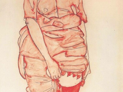 Woman in red lifting her skirts to reveal her stockings, painted by Egon Schiele in 1914