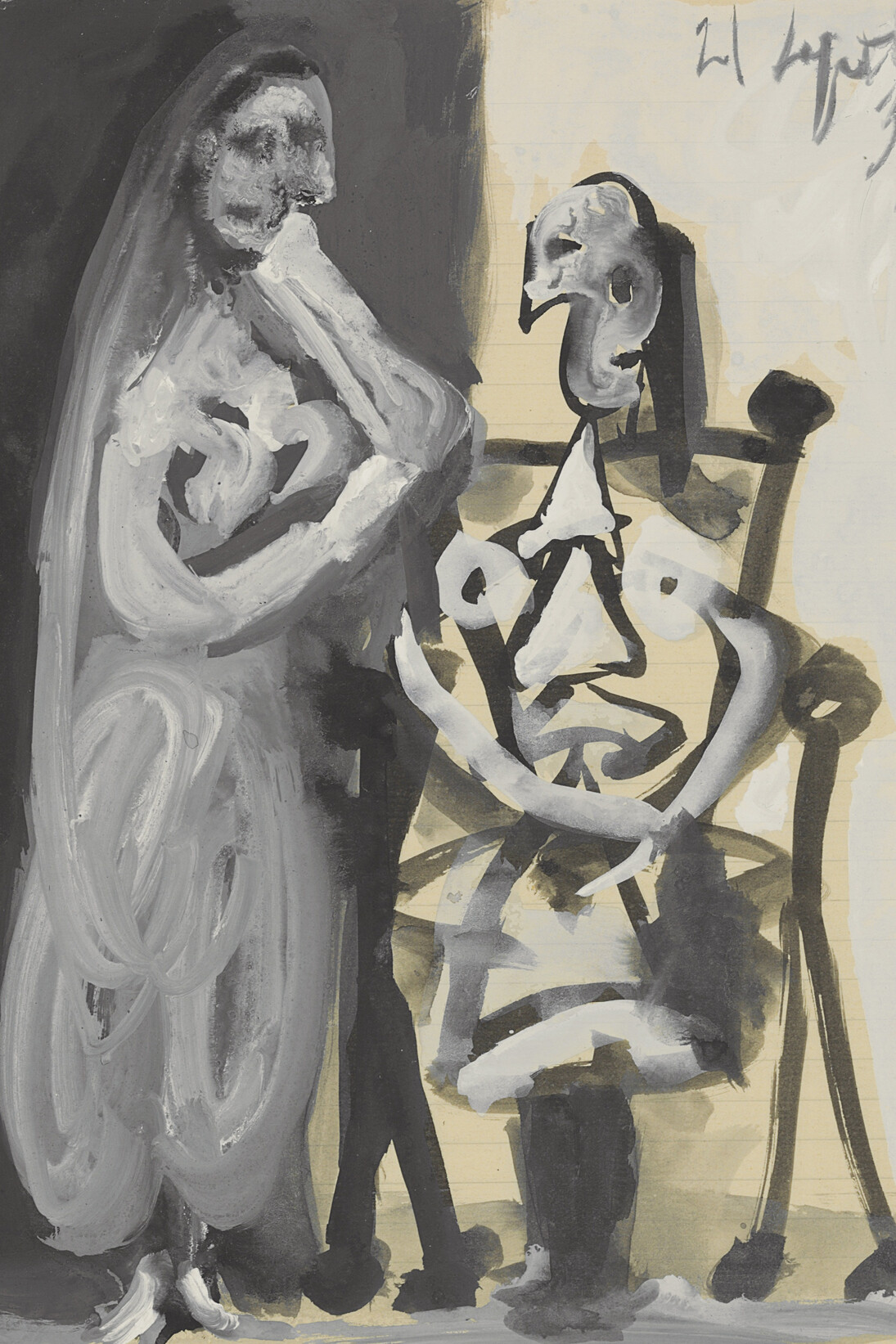 Picasso, Pablo, Femme debout et femme assise, 1939, gouache, pinceau and black ink on squared paper, 26.9 x 21 cm, Courtesy Galerie Boulakia