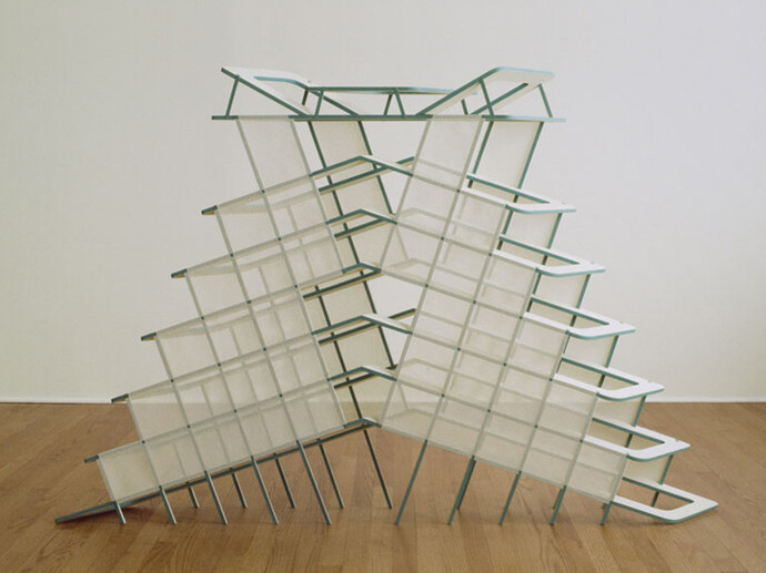 Diane Simpson, Underskirt, 1986, Oil stain and acrylic on MDF with cotton mesh, 44 by 69 by 7 in.  111.8 by 175.3 by 17.8 cm