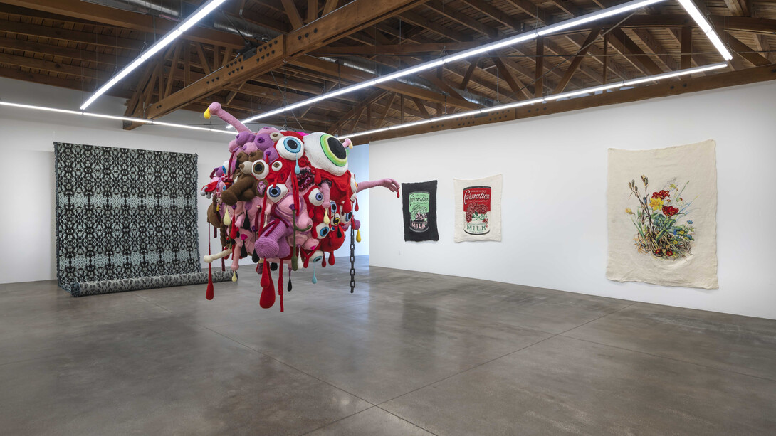 Gil Yefman, It Ain’t Necessarily Soft, 2023, installation view: Human Tapestry, God Full of Wombs, Tumtum, and Condensed Milks White & Black. Courtesy of Shoshana Wayne Gallery, Los Angeles