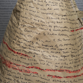 Hallway (9): Jordan Bennett, Sovereignty Performance | Cérémonie de la souveraineté (2009), recycled paper, burnt trees, regalia | papier recyclé, arbres brulés, costume traditionnel, courtesy of the artist | avec la permission de l’artiste
