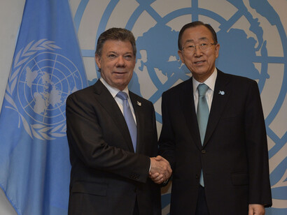 Juan Manuel Santos, actual presidente de Colombia, y Ban Ki-moon, secretario general de la ONU hasta el pasado 31 de diciembre