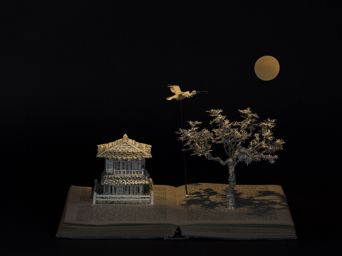 Su Blackwell, The Stork Wife, 285mm w x 256mm h x 242mm d, Paper, book, lights, paper sculpture in glass and wood box
